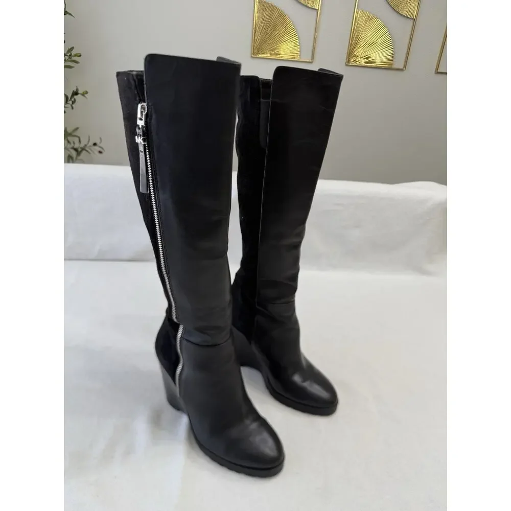 Michael Kors Clara Wedge Knee High Black Leather Women's Boots 6.5M Clean!